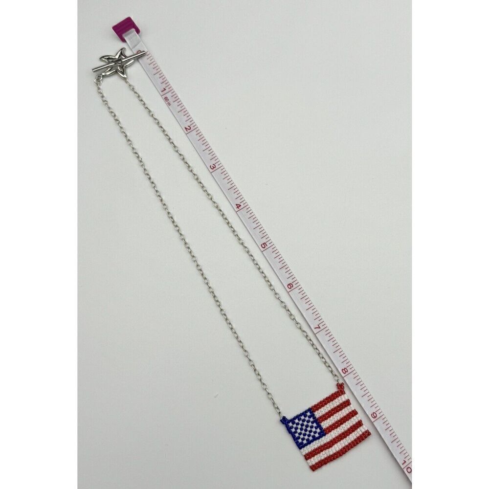 Patriotic Sterling Silver Seed Bead American Flag Necklace Red White Blue 16” - Picture 9 of 9